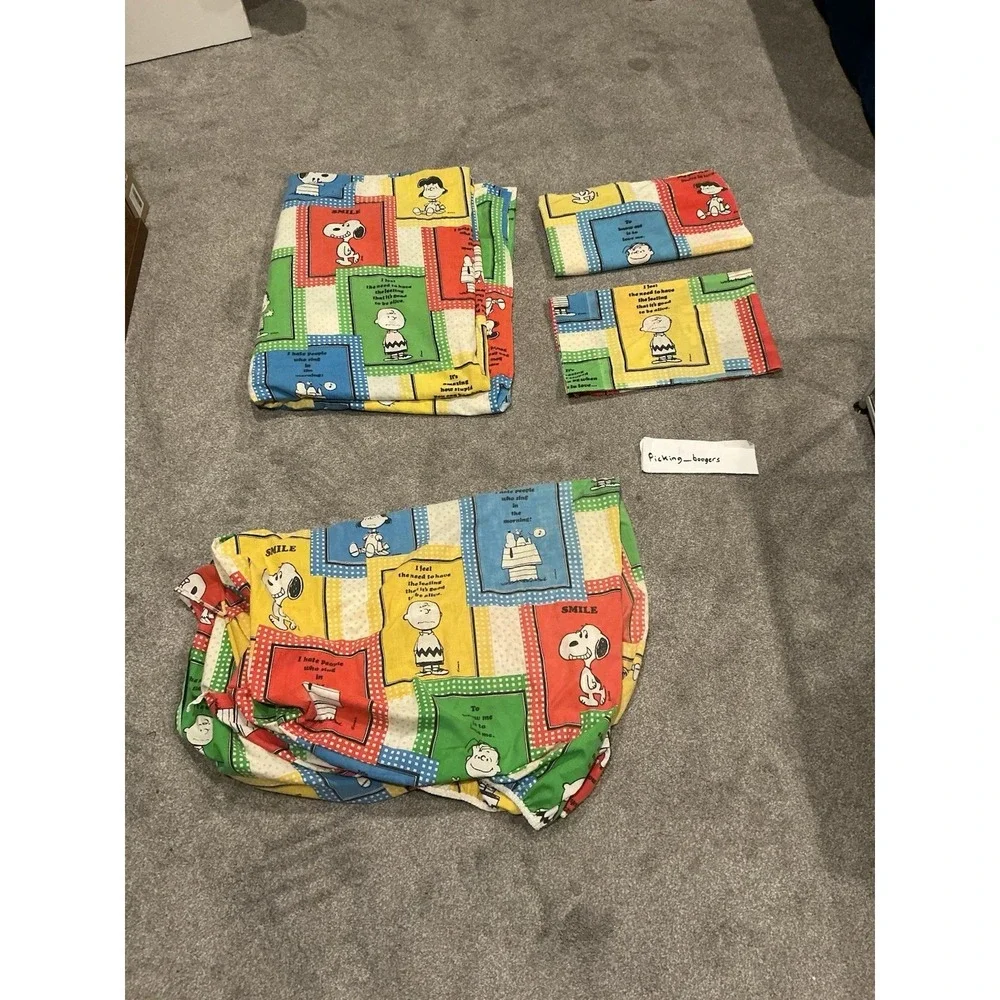 Vintage 1970s Peanuts Charles Schultz Twin Set, Sheet Flat, Fitted, 2 Pillowcase